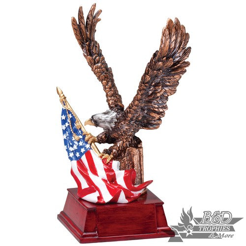 Full Color Bronzed Eagle Holding Flag on Rosewood Base