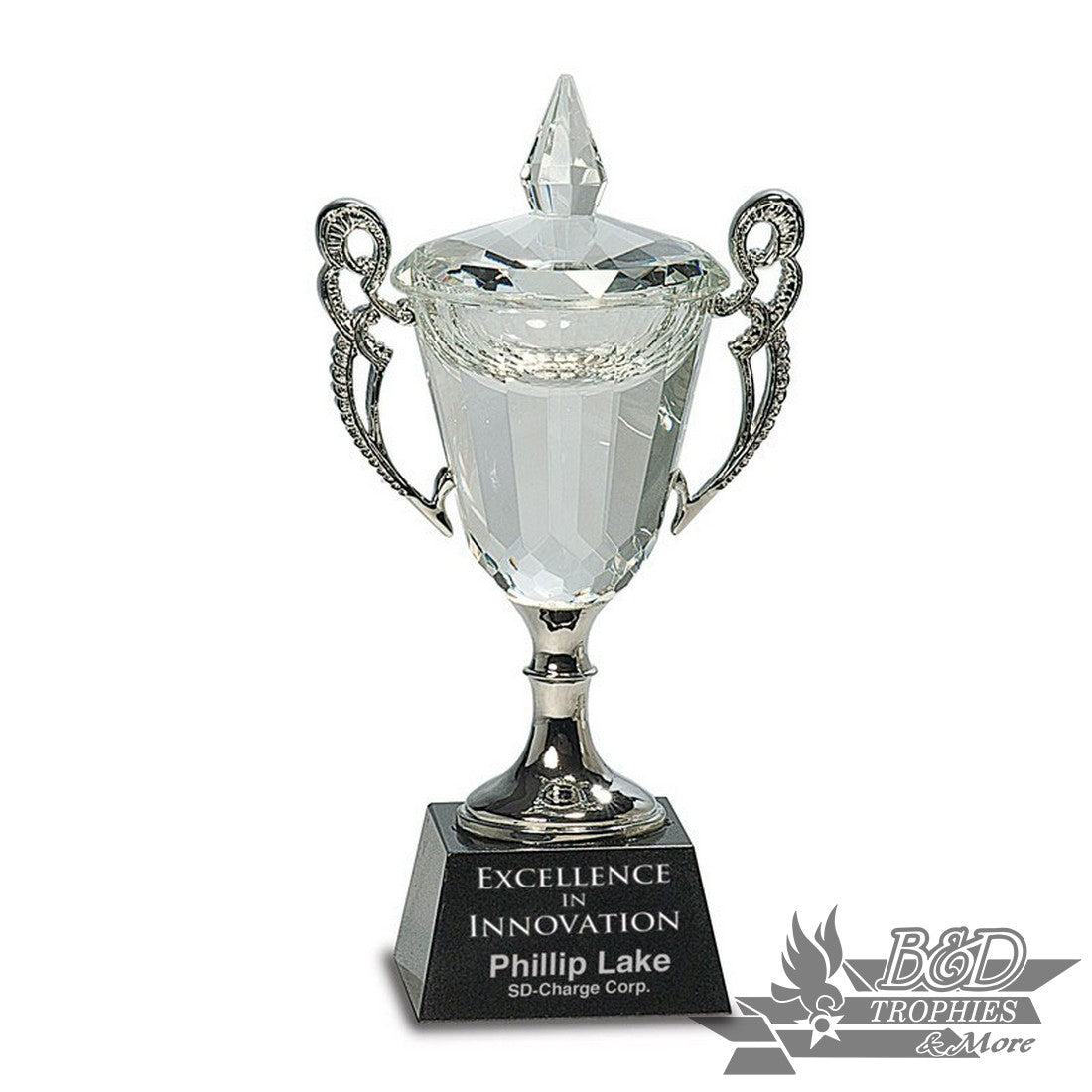 Crystal Cup Award with Silver Handles/Stem on Black Base