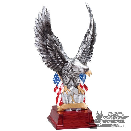 Full Color Silver Eagle Holding Flag on Rosewood Base