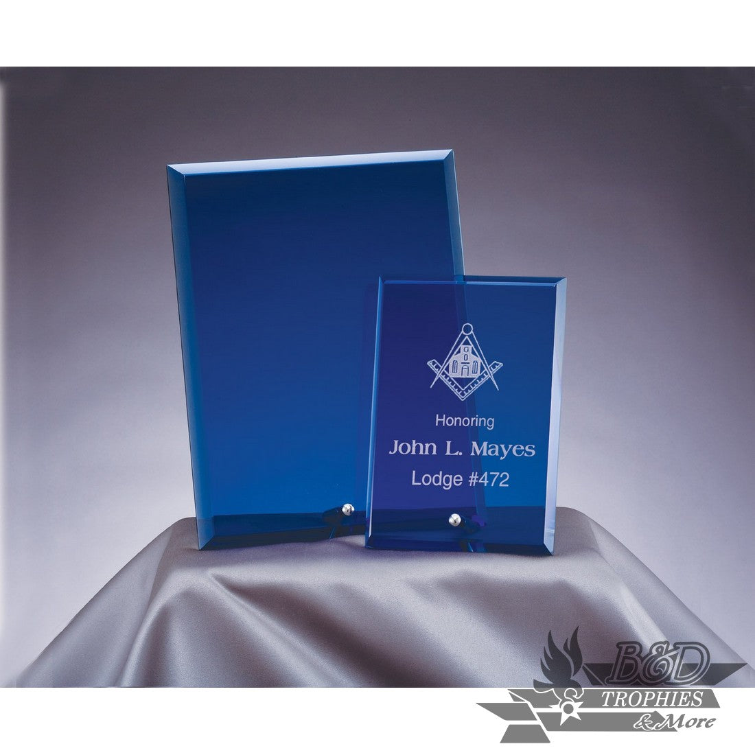 Bevel Edge Glass Standing Plaque Award - Blue