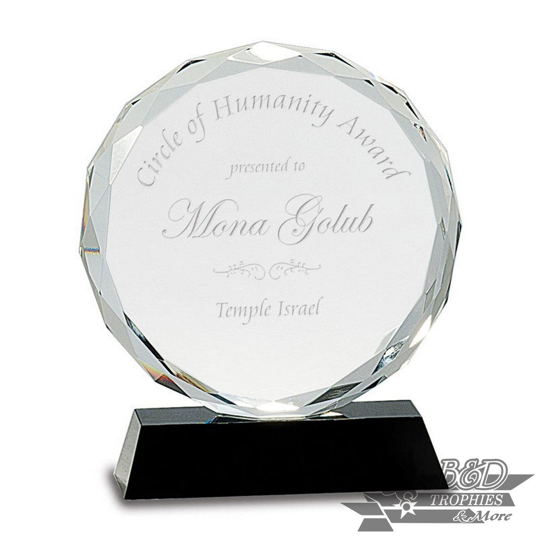 Round Facet Crystal Award on Black Pedestal Base