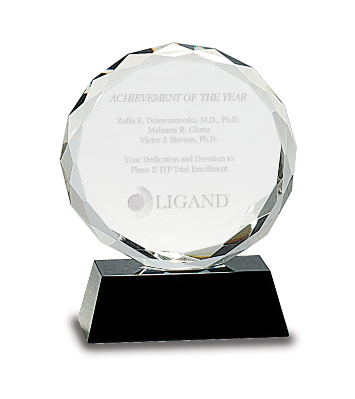 Round Facet Crystal Award on Black Pedestal Base
