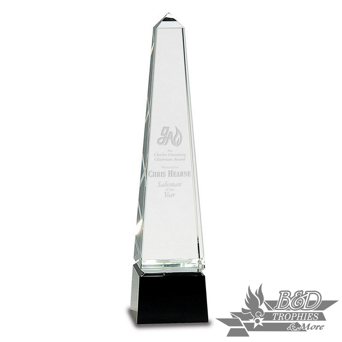 Obelisk Crystal Award on Black Pedestal Base