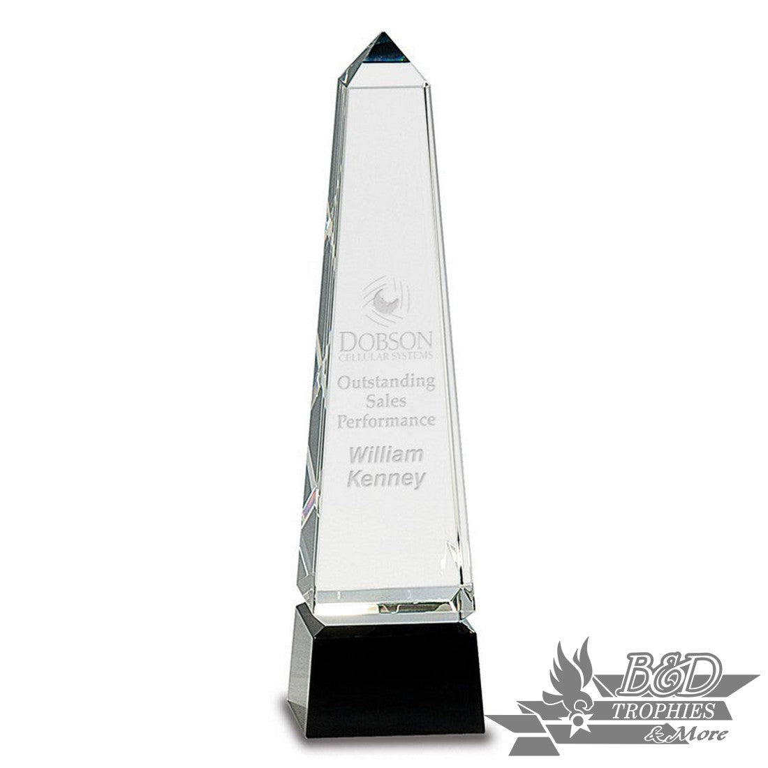 Obelisk Crystal Award on Black Pedestal Base
