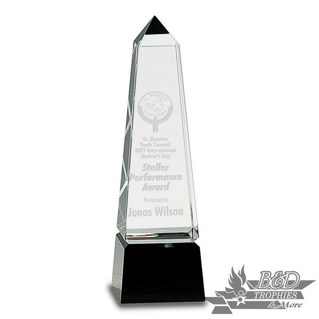 Obelisk Crystal Award on Black Pedestal Base