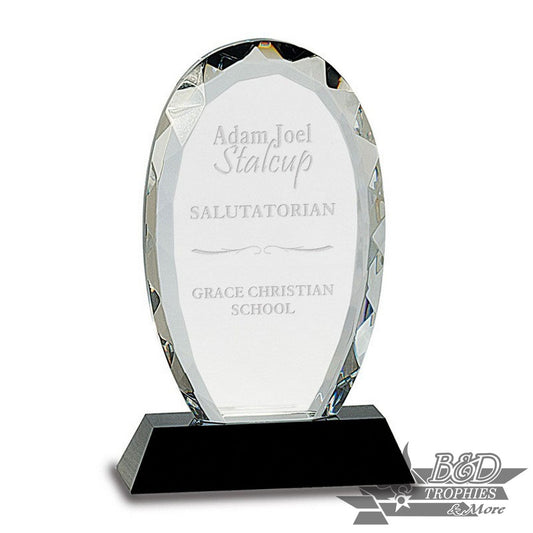Oval Facet Crystal Award on Black Pedestal Base