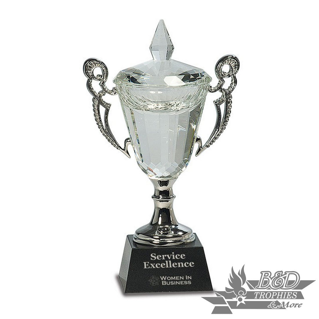 Crystal Cup Award with Silver Handles/Stem on Black Base
