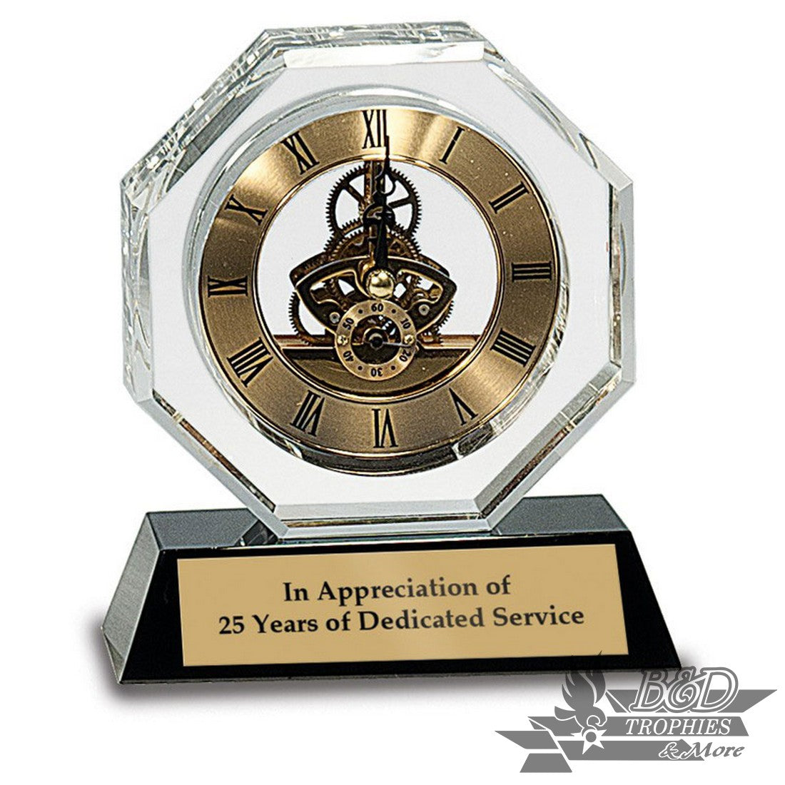 Clear Crystal Award with Clock on Black Pedestal Base