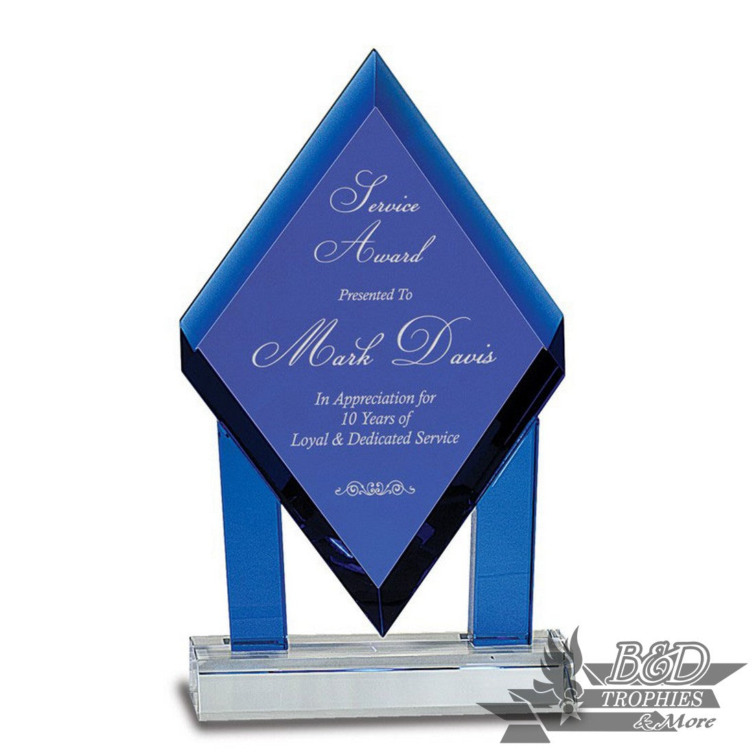 Blue Crystal Floating Diamond Award with Blue Columns on Clear Base