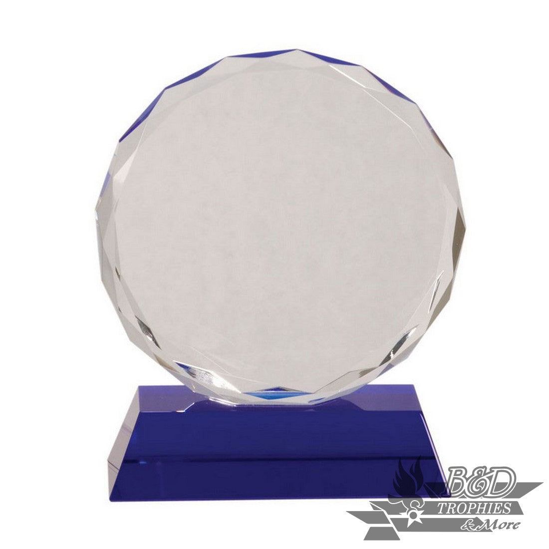 Round Crystal with Facet Award on Blue Pedestal Base