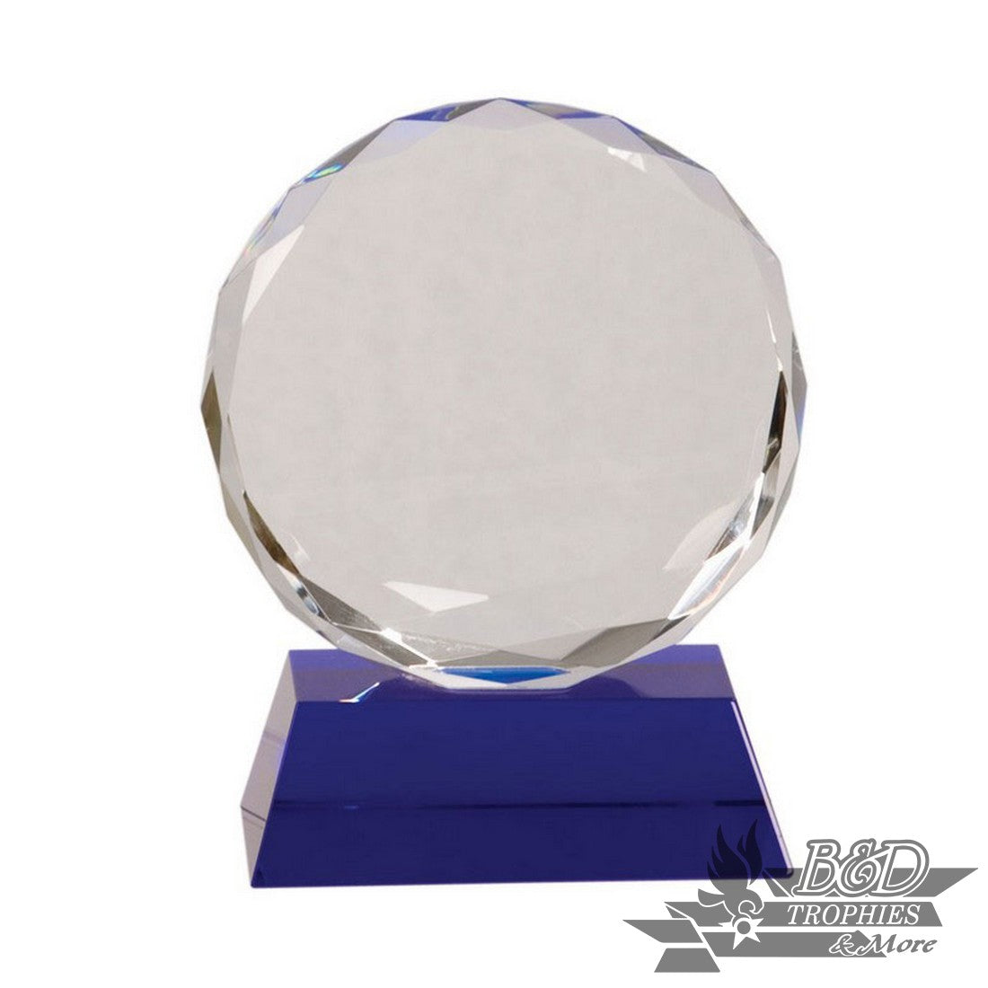 Round Crystal with Facet Award on Blue Pedestal Base