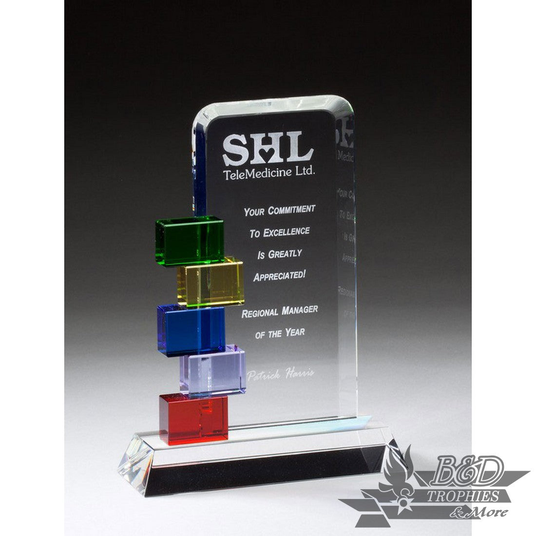 Billboard with Colorful Blocks Glass Award on Clear Base