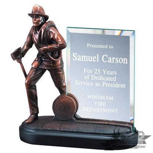 Bronzed Fireman with 4"x6" Glass Plaque
